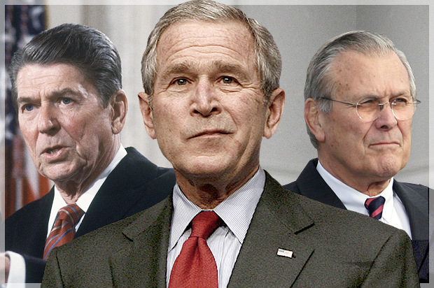 Ronald Reagan, George W. Bush, Donald Rumsfeld (AP/Reuters/Jason Reed/Kevin Lamarque/Photo montage by Salon)