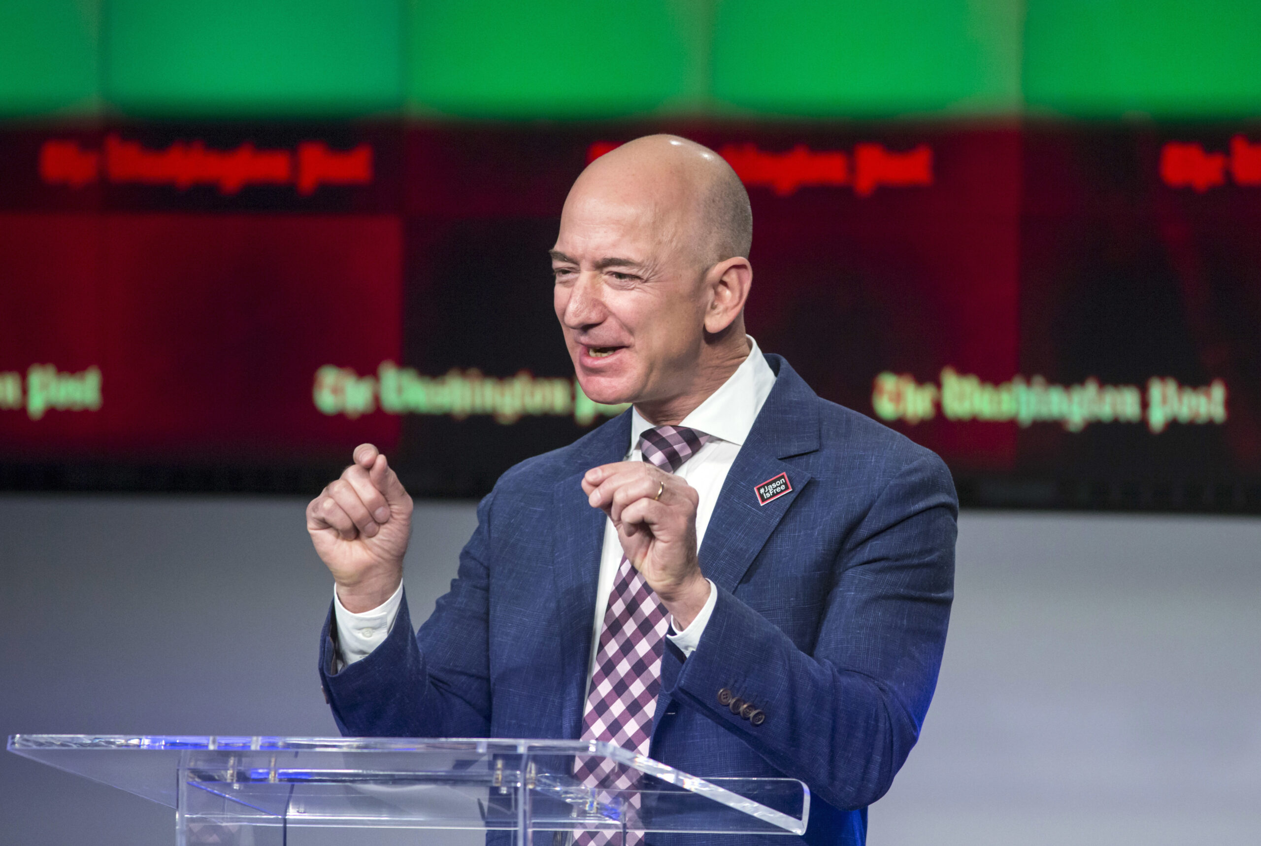 FILE - In this Jan. 28, 2016, file photo, billionaire Amazon founder and Washington Post owner Jeff Bezos talks about the history and character of the Post during a dedication ceremony for its new headquarters in Washington. (AP Photo/J. Scott Applewhite, File)