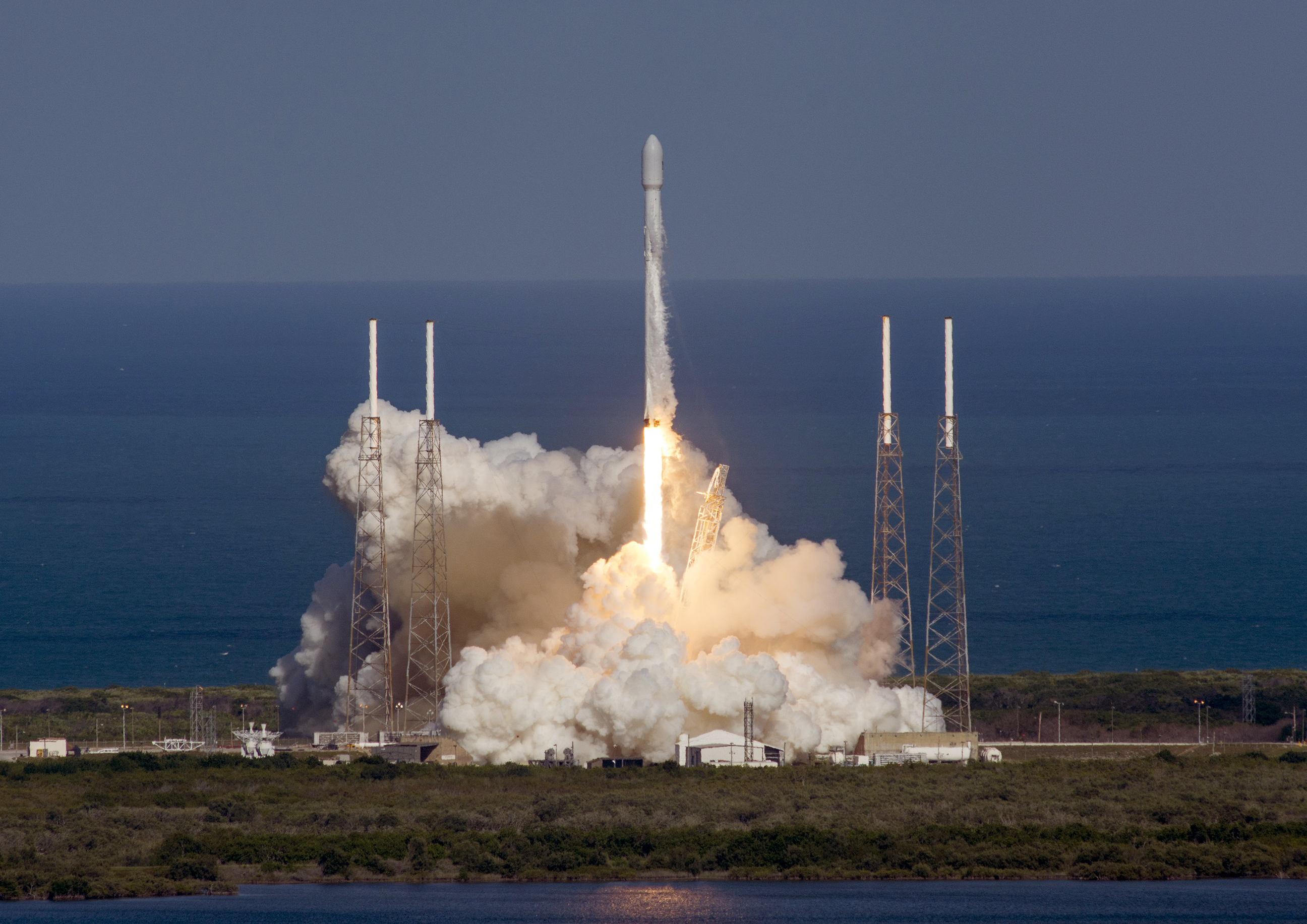 In this image released by SpaceX, an unmanned Falcon rocket lifts off from from Cape Canaveral Air Force Station, Friday, May 27, 2016, in Cape Canaveral, Fla. The first stage of the unmanned Falcon rocket settled onto a barge 400 miles off the Florida coast, eight minutes after liftoff, It's the third successful booster landing at sea for the California-based SpaceX. This one came after the rocket launched an Asian communications satellite. (SpaceX via AP) (AP)
