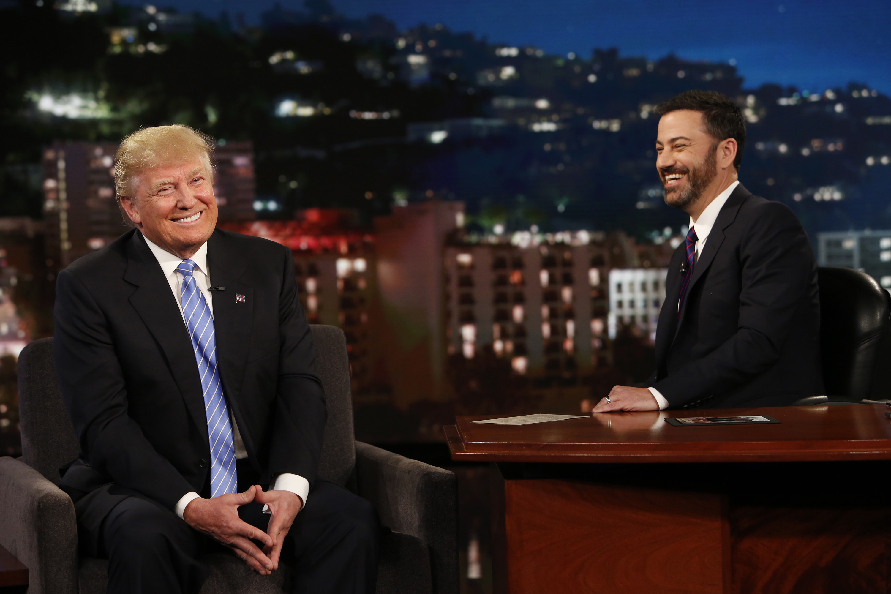 In this photo provided by ABC, Republican presidential candidate, Donald Trump, left, talks with host Jimmy Kimmel during a taping of the ABC television show, "Jimmy Kimmel Live!, on Wednesday, May 25, 2016, in Los Angeles. Trump made an appearance as a guest, along with musical guest Greg Porter on the late night show, which airs every weeknight at 11:35 p.m. EST. (Randy Holmes/ABC via AP) (AP)