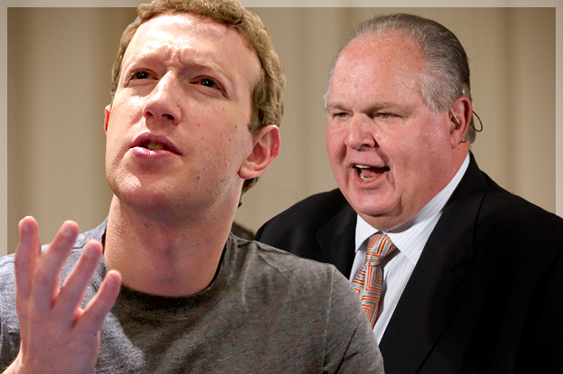 Mark Zuckerberg, Rush Limbaugh (Reuters/Jose Gomez/AP/J. Scott Applewhite/Photo montage by Salon)