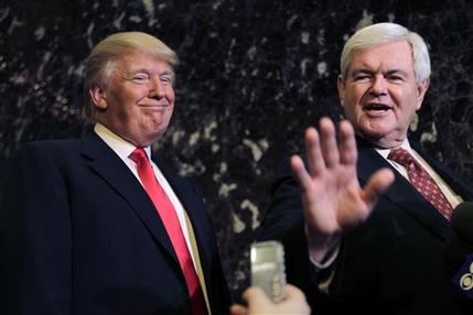 FILE - Donald Trump smiles at left as Republican presidential candidate, former House Speaker Newt Gingrich talks to media after their meeting in New York, in this Dec. 5, 2011 file photo. Real estate mogul and reality show star Donald Trump intends to endorse Gingrich's GOP presidential bid, according to a source close to Gingrich's campaign. Trump is set to announce his support Thursday Feb. 2, 2012 in Las Vegas, where Gingrich is campaigning in advance of Nevada's Republican caucuses on Saturday. (AP Photo/Seth Wenig, File) (AP)