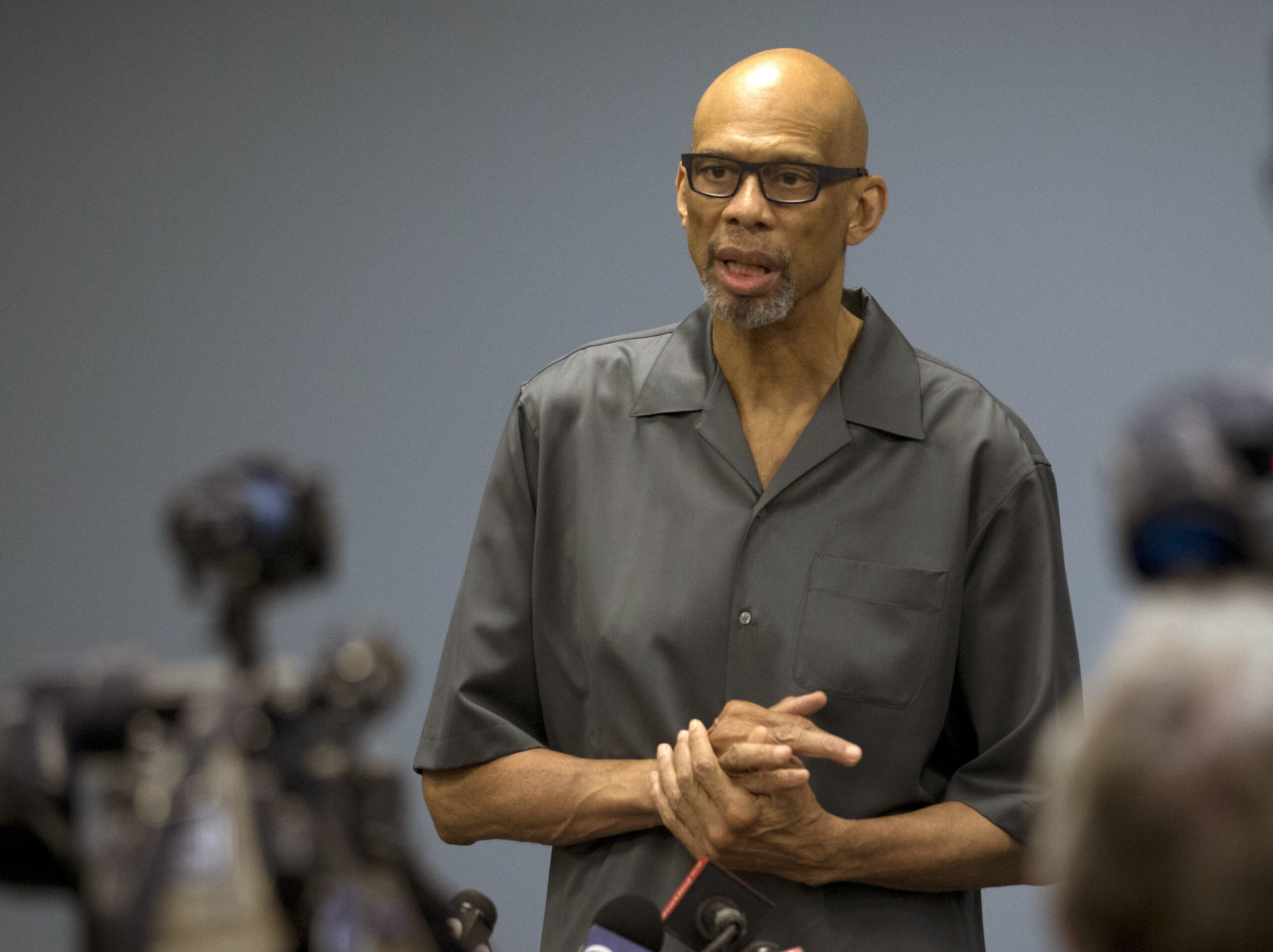 FILE - In this July 9, 2015, file photo, basketball legend Kareem Abdul-Jabbar speaks during a news conference in Los Angeles. The death of Muhammad Ali last week sent Abdul-Jabbar, the NBA's all-time scoring leader, and Jim Brown, a four-time NFL MVP, strolling down memory lane, back to June 4, 1967 and a sunny day that they spent together in Cleveland. (AP Photo/Jae C. Hong, File) (AP)