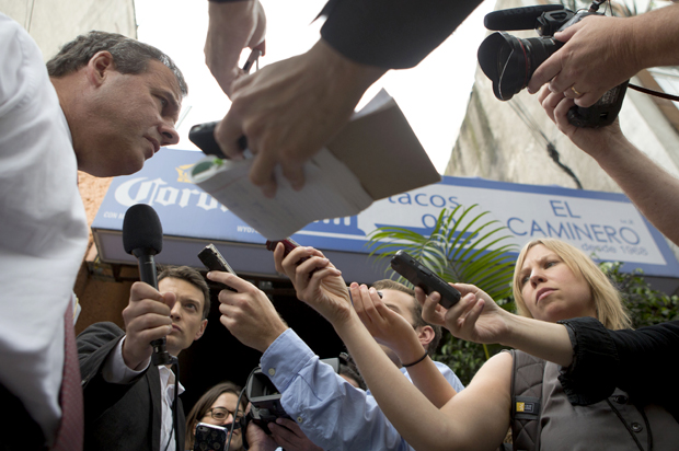 A photo of the author (lower right), covering Chris Christie's visit to Mexico City, Sept. 4, 2014. (AP/Rebecca Blackwell)