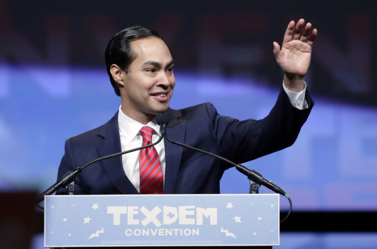 FILE - In this June 17, 2016, photo, Housing and Urban Development Secretary Julian Castro addresses the Texas Democratic convention in San Antonio. Hillary Clinton’s search for a running mate is moving into a more intense phase, according to several Democrats, as aides contact a pared down pool of candidates to ask for reams of personal information and set up interviews with the vetting team. Those on the shortlist include Sen. Elizabeth Warren, D-Mass., Sen. Tim Kaine, D-Va., and Castro.(AP Photo/Eric Gay) (AP)