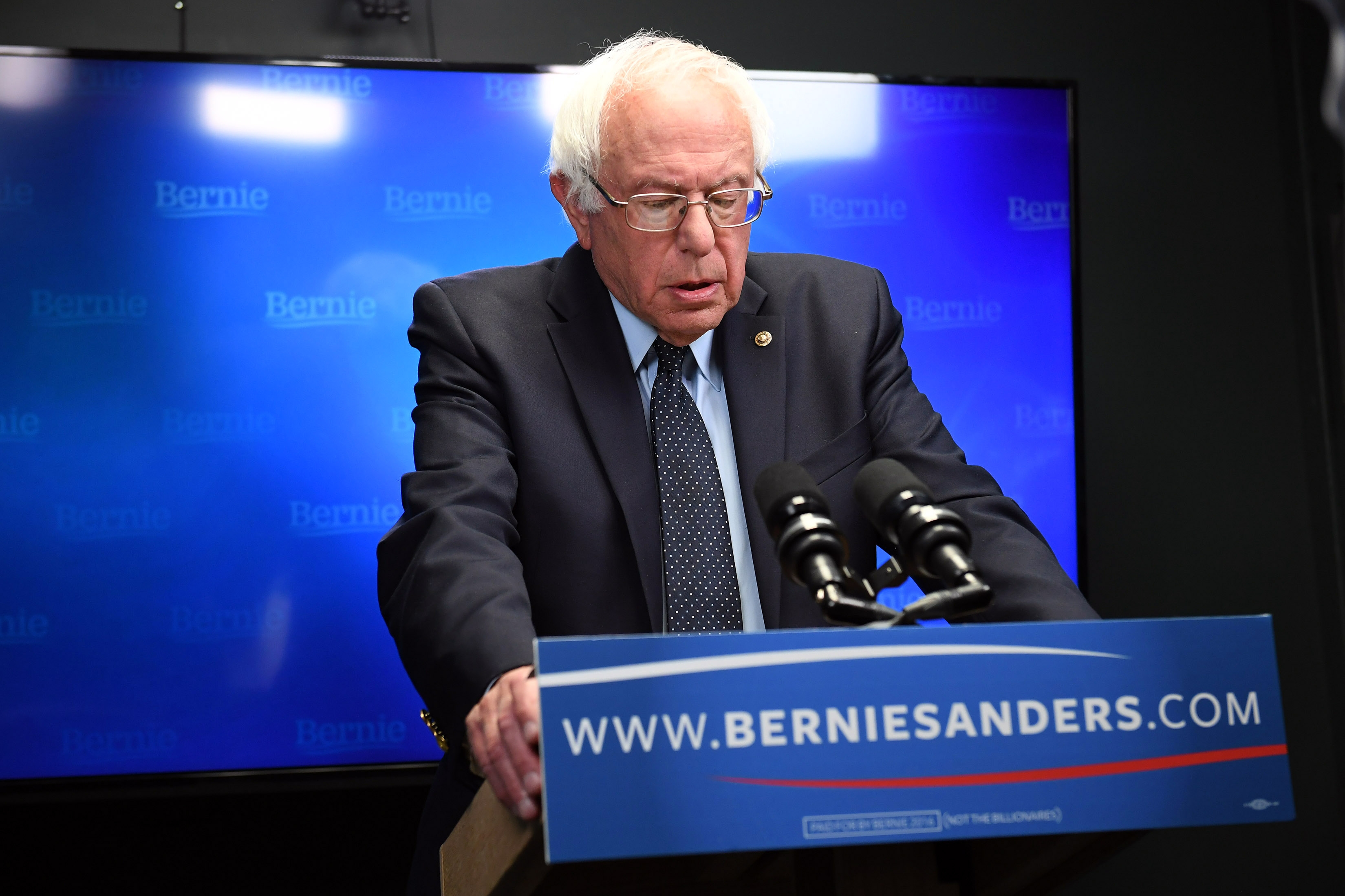 Presidential candidate, Bernie Sanders prepares to speak for a video to supporters at Polaris Mediaworks on Thursday June 16, 2016 in Burlington, VT. (Matt McClain/The Washington Post via AP, Pool) (AP)