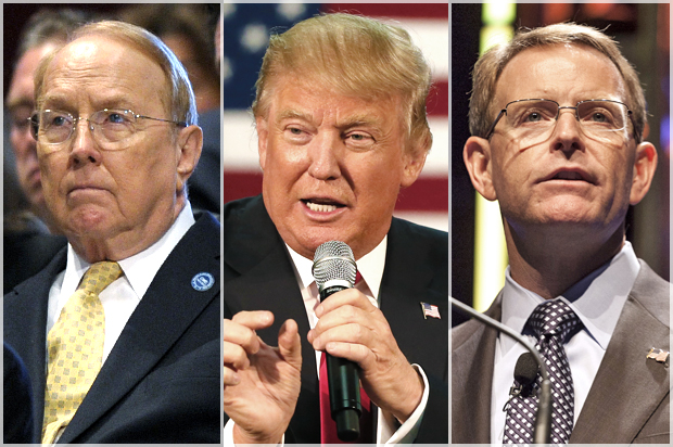 James Dobson, Donald Trump, Tony Perkins (AP/Susan Walsh/Charles Rex Arbogast/Reuters/Brian Frank)