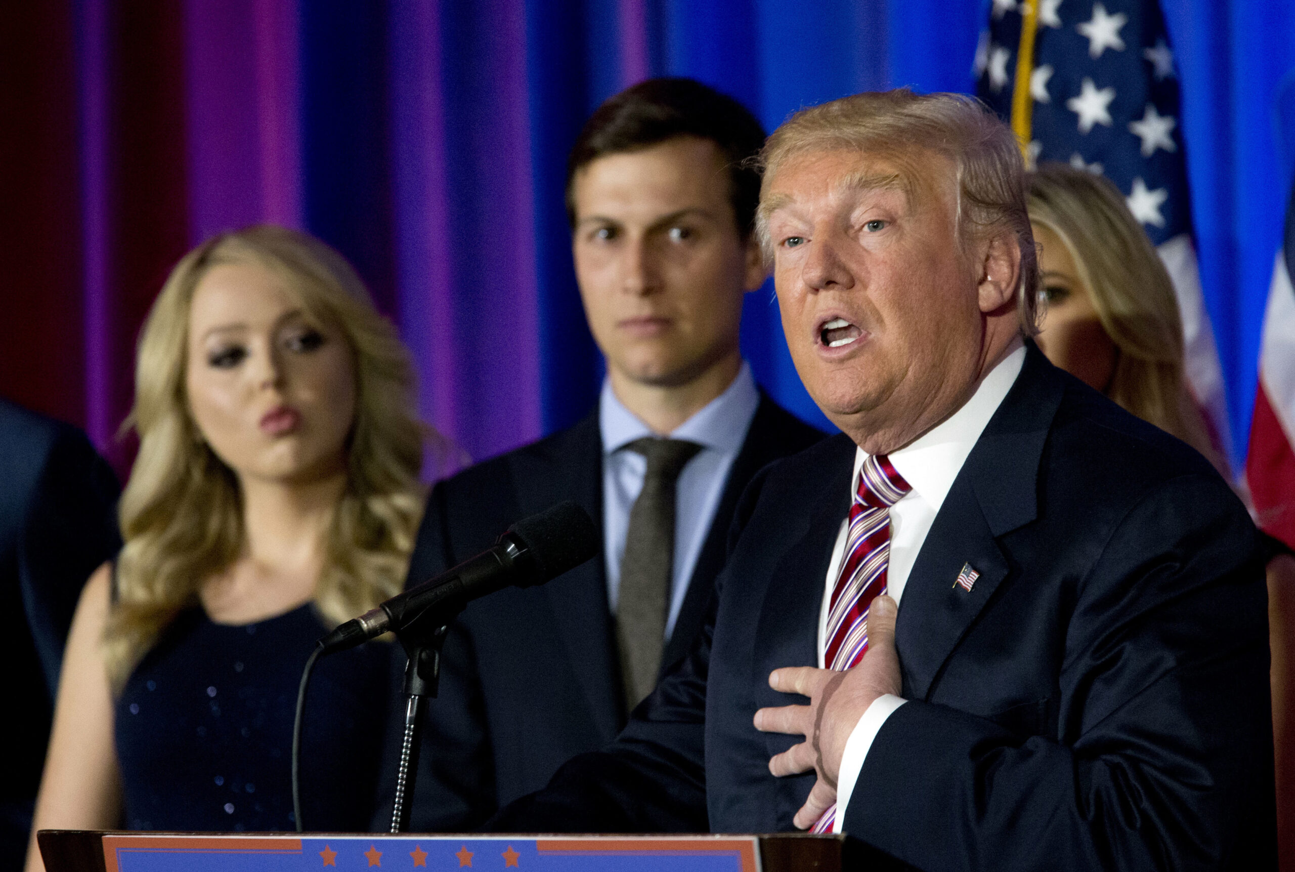 Republican presidential candidate Donald Trump is joined by his daughter Tiffany, left, and son-in-law Jared Kushner as he speaks during a news conference at the Trump National Golf Club Westchester, Tuesday, June 7, 2016, in Briarcliff Manor, N.Y. (AP Photo/Mary Altaffer) (AP Photo/Mary Altaffer)