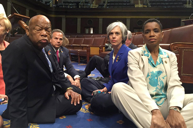 A photo tweeted from the House by Rep. Donna Edwards shows Democratic members staging a sit-in "to demand action on common sense gun legislation," June 22, 2016. (Reuters/U.S. Rep. Donna Edwards)