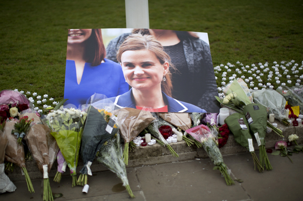 A memorial for Jo Cox outside the House of Parliament in London, June 17, 2016. (AP/Matt Dunham)