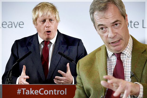 Boris Johnson, Nigel Farage (Reuters/Mary Turner/Michael Kooren/Photo montage by Salon)