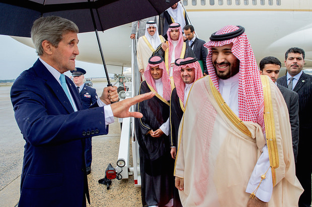 John Kerry chats with Saudi Deputy Crown Prince and Defense Minister Mohammad bin Salman after he arrived at Andrews Air Force Base in Camp Springs, Maryland on September 3, 2015 (State Department photo/Public Domain)