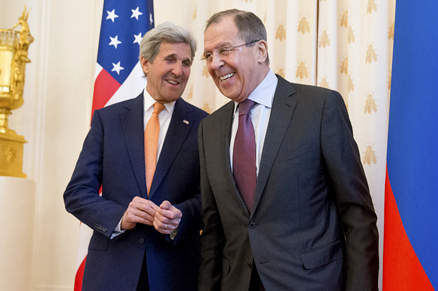 John Kerry shares a laugh with Russian Foreign Minister Sergey Lavrov during their meeting in Moscow, March 24, 2016. (AP/Andrew Harnik)