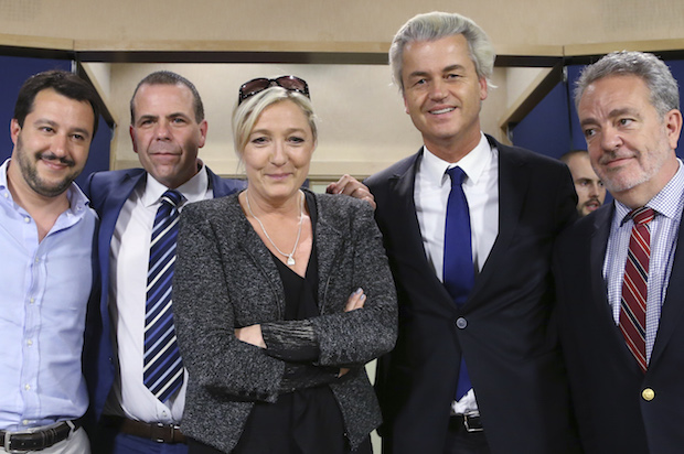 Far-right European leaders at the European Parliament in May 2014. (Left to right) Matteo Salvini, member of Italy's Lega Nord; Harald Vilimsky, member of Austria's Freedom Party; Marine Le Pen, leader of France's National Front; Geert Wilders, leader of the Netherland's Freedom Party; and Gerolf Annemans, member of Belgium's Vlaams Belang (Reuters/Francois Lenoir)