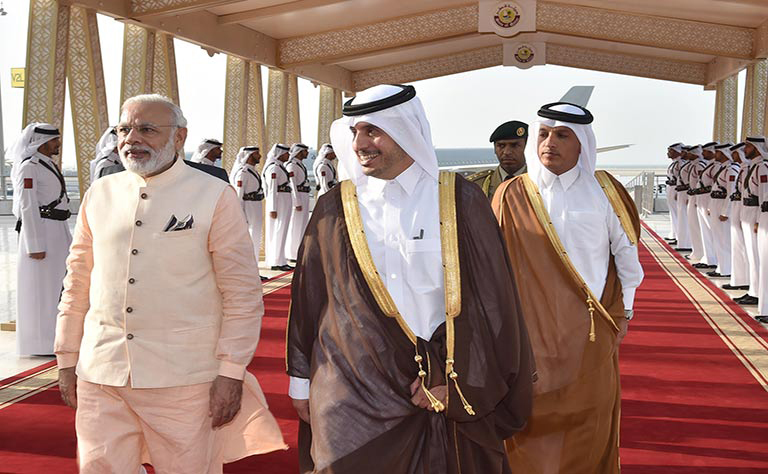 In this Saturday June 4, 2016 photo released by the Qatar Agency, QNA, Qatari Prime Minister and Minister of Interior Sheikh Abdullah bin Nasser bin Khalifa Al -Thani, front right, receives Indian Prime Minister Narendra Modi in Doha, Qatar. (Qatar News Agency via AP) (AP)