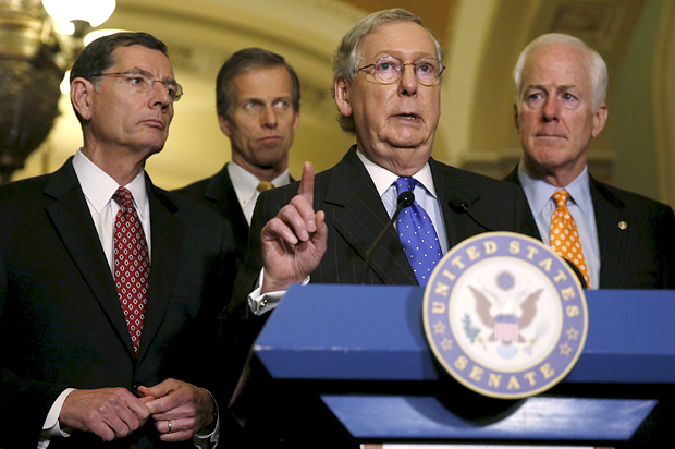 Republican Senate leaders Tom Barrasso, John Thune, Mitch McConnell and John Cornyn. (Reuters/Gary Cameron)