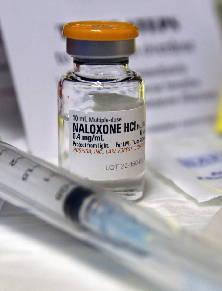FILE- In this Wednesday, Feb. 19, 2014, file photograph, a small bottle of the opiate overdose treatment drug, naloxone, also known by its brand name Narcan, is displayed at the South Jersey AIDS Alliance in Atlantic City, N.J. It is becoming easier for friends and family of heroin users or patients abusing strong prescription painkillers to get access to naloxone, a powerful, life-saving antidote, as state lawmakers loosen restrictions on the medicine to fight a growing epidemic. (AP Photo/Mel Evans, File) (AP)