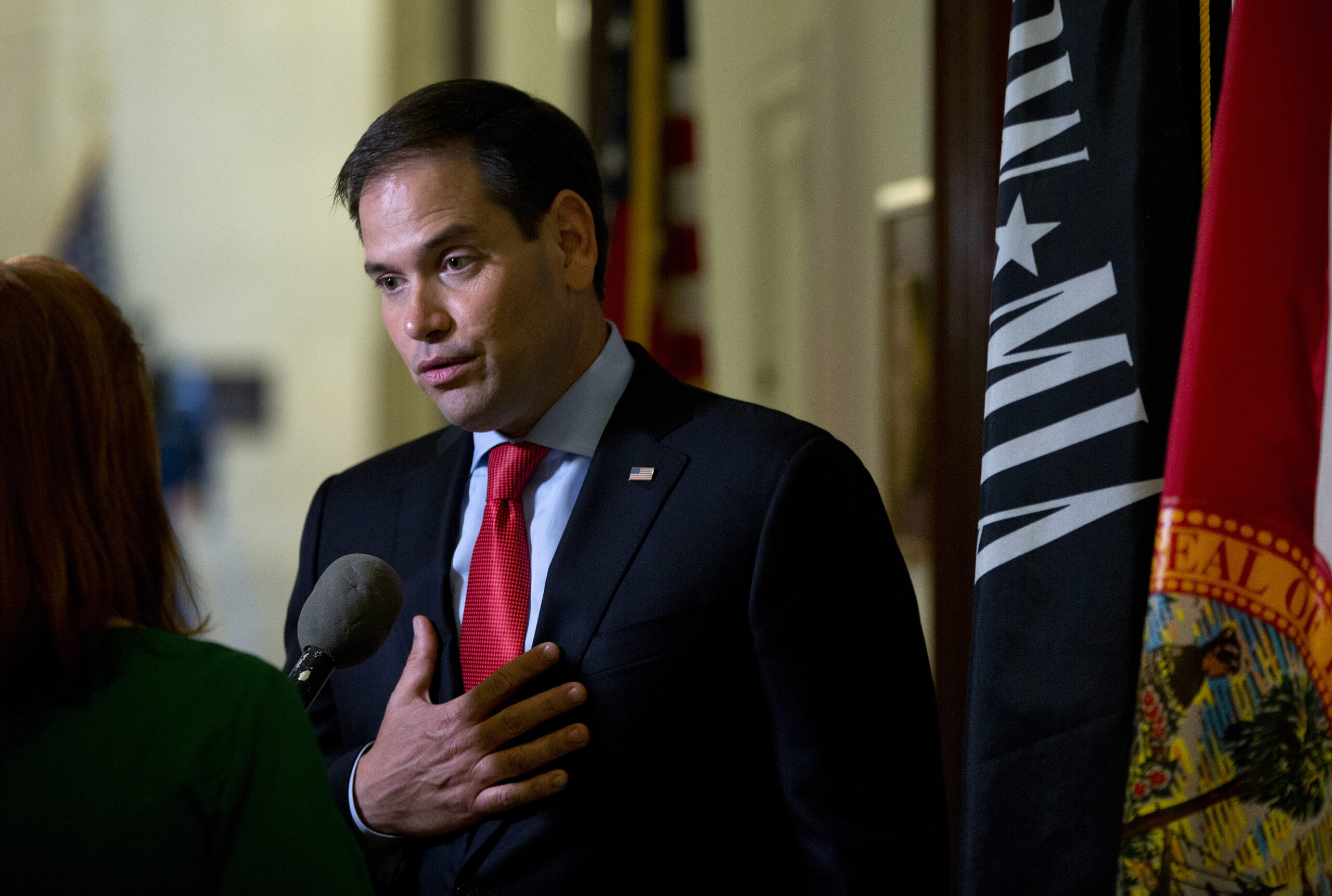 Sen. Marco Rubio, R-Fla., speaks to media outside his office on Capitol Hill in Washington, Wednesday, June 22, 2016. (AP)