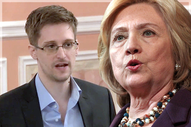 Edward Snowden, Hillary Clinton (AP/Reuters/Mary Schwalm/Photo montage by Salon)