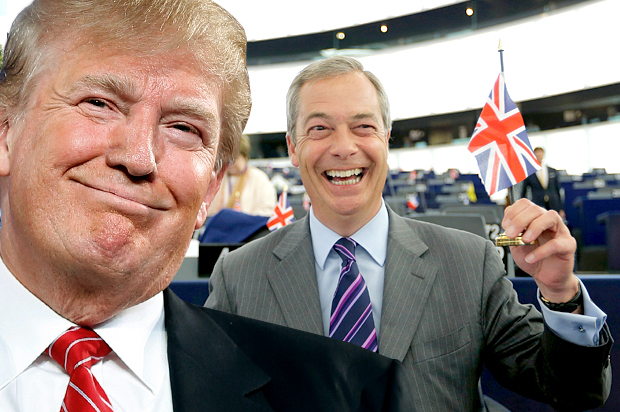 Donald Trump, Nigel Farage (AP/Andrew Harnik/Reuters/Vincent Kessler/Photo montage by Salon)