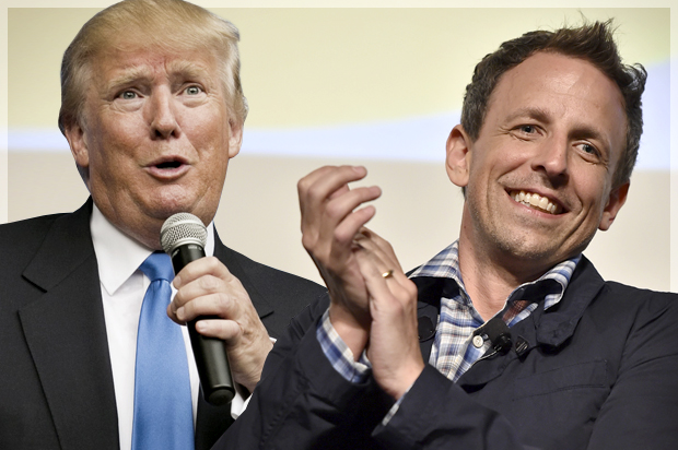 Donald Trump, Seth Meyers (Reuters/Dominick Reuter/AP/Jordan Strauss/Photo montage by Salon)