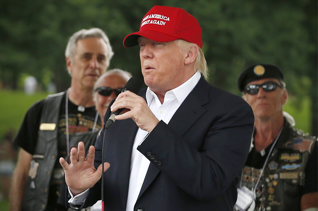 Donald Trump addresses bikers as part of the Rolling Thunder speakers program in Washington., May 29, 2016. (Reuters/Jonathan Ernst)