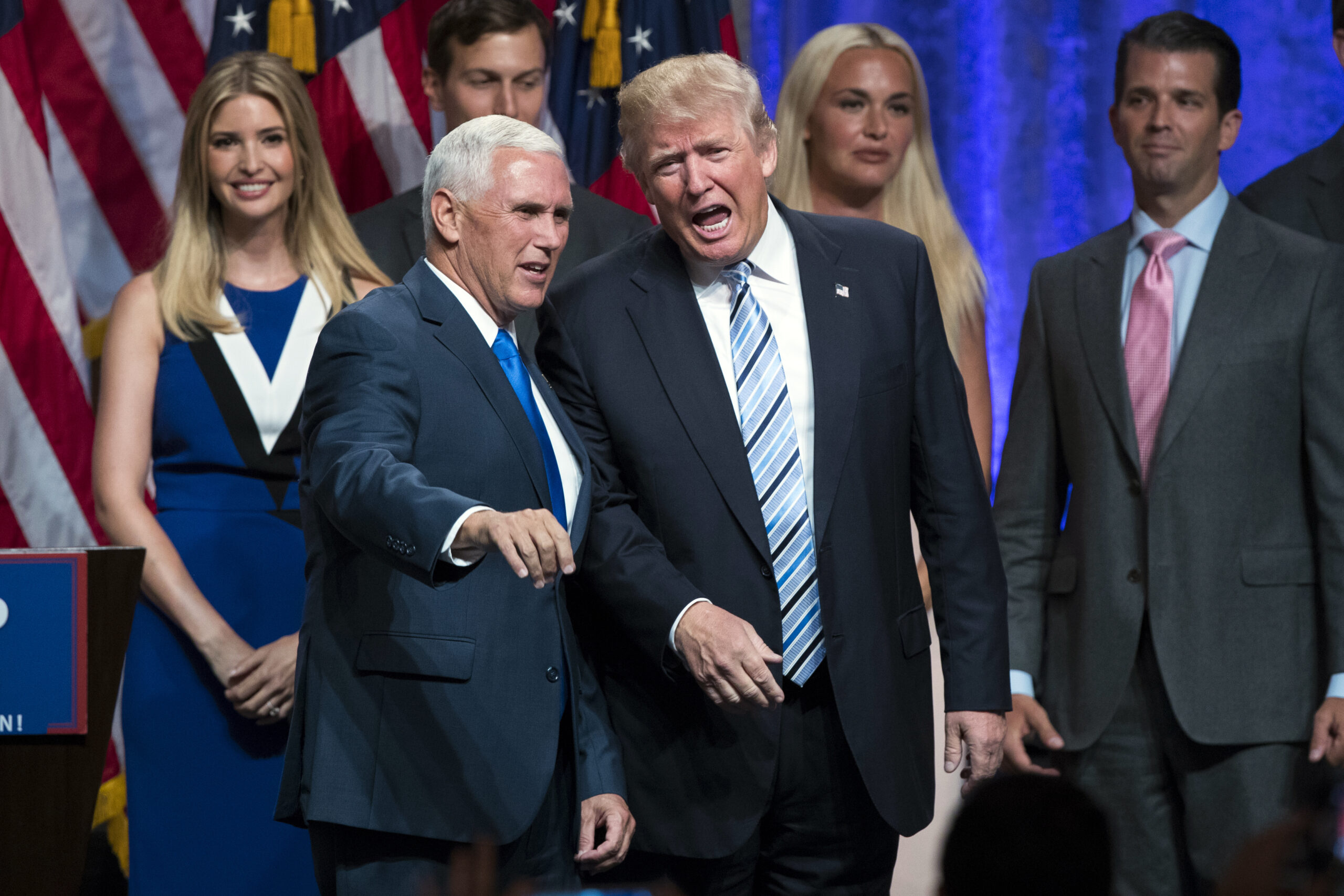 Republican presidential candidate Donald Trump, right, talks with Gov. Mike Pence, R-Ind., during a campaign event to announce Pence as the vice presidential running mate on, Saturday, July 16, 2016, in New York.  Trump introduced Pence as his running mate calling him "my partner in this campaign" and his first and best choice to join him on a winning Republican presidential ticket.  (AP Photo/Evan Vucci) (AP)