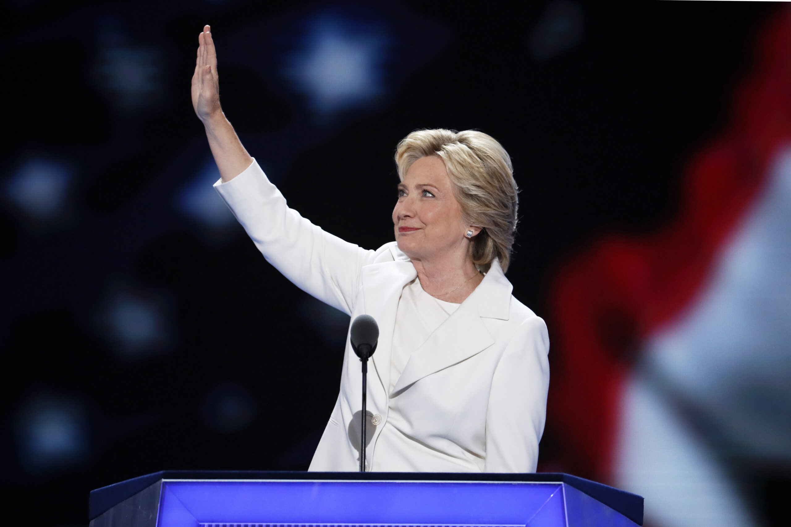 Democratic presidential nominee Hillary Clinton waves to delegates before speaking during the final day of the Democratic National Convention in Philadelphia , Thursday, July 28, 2016. (AP Photo/J. Scott Applewhite) (AP)