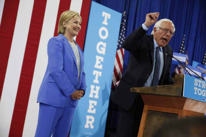 Bernie Sanders endorsing former rival Hillary Clinton in Portsmouth, New Hampshire, on Tuesday July 11, 2016. (AP/Andrew Harnik)