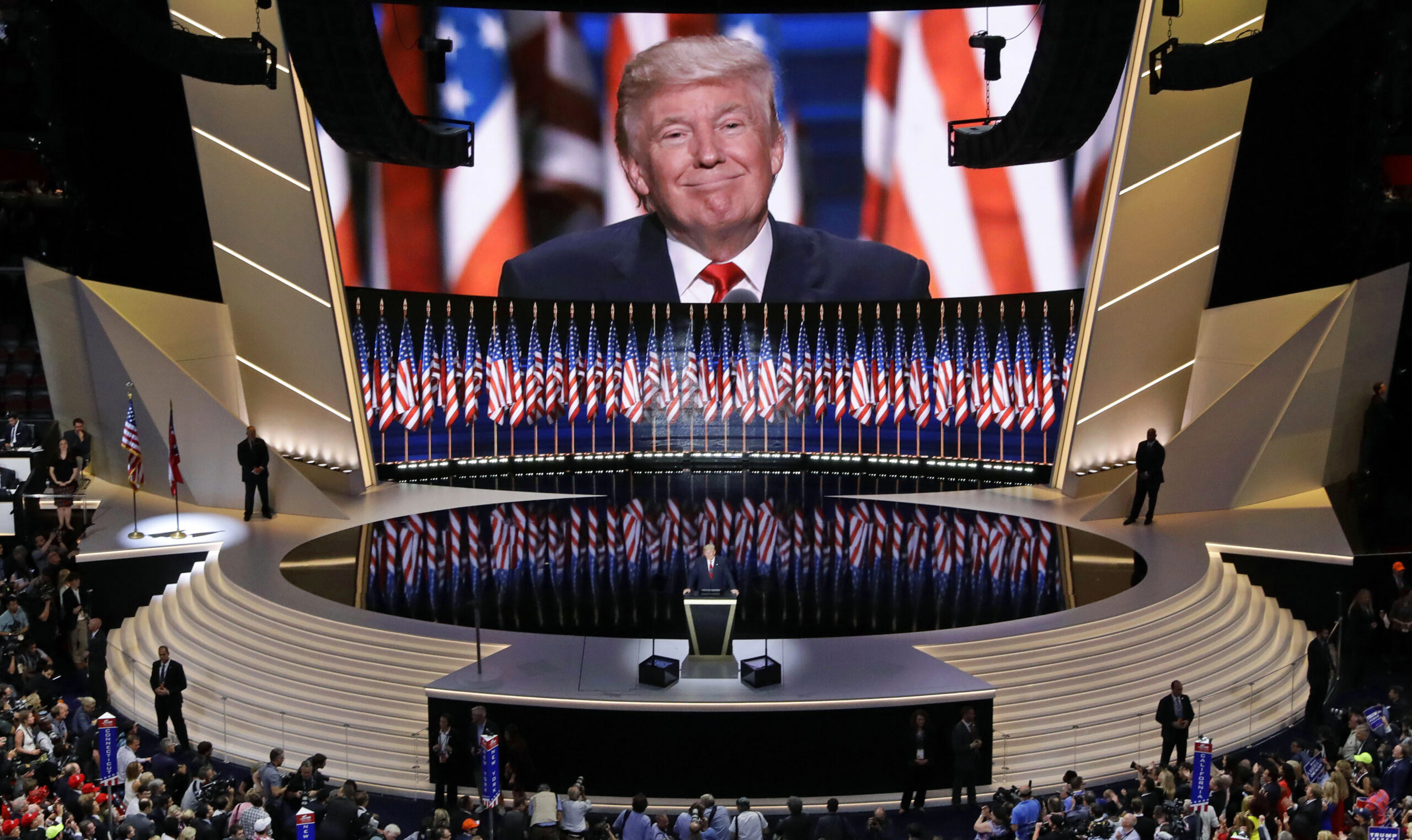 Republican presidential candidate Donald Trump smiles as he addresses delegates during the final day session of the Republican National Convention in Cleveland, Thursday, July 21, 2016. (AP Photo/Patrick Semansky) (AP)
