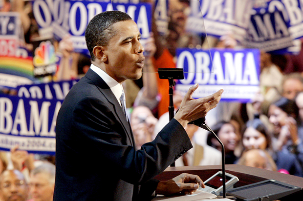 Barack Obama delivers the keynote speech during the second night of the Democratic National Convention in Boston, July 27, 2004. (Reuters/Kevin Lamarque)