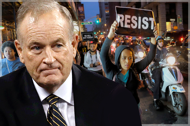 Bill O'Reilly; a march against police brutality and in support of Black Lives Matter in New York City, July 9, 2016. (Reuters/Mike Segar/Eduardo Munoz/Photo montage by Salon)