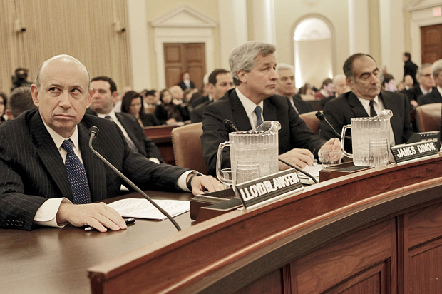 Lloyd Blankfein, Jamie Dimon and John Mack testify on Capitol Hill, Jan. 13, 2010, before the Financial Crisis Inquiry Commission. (AP/Pablo Martinez Monsivais)