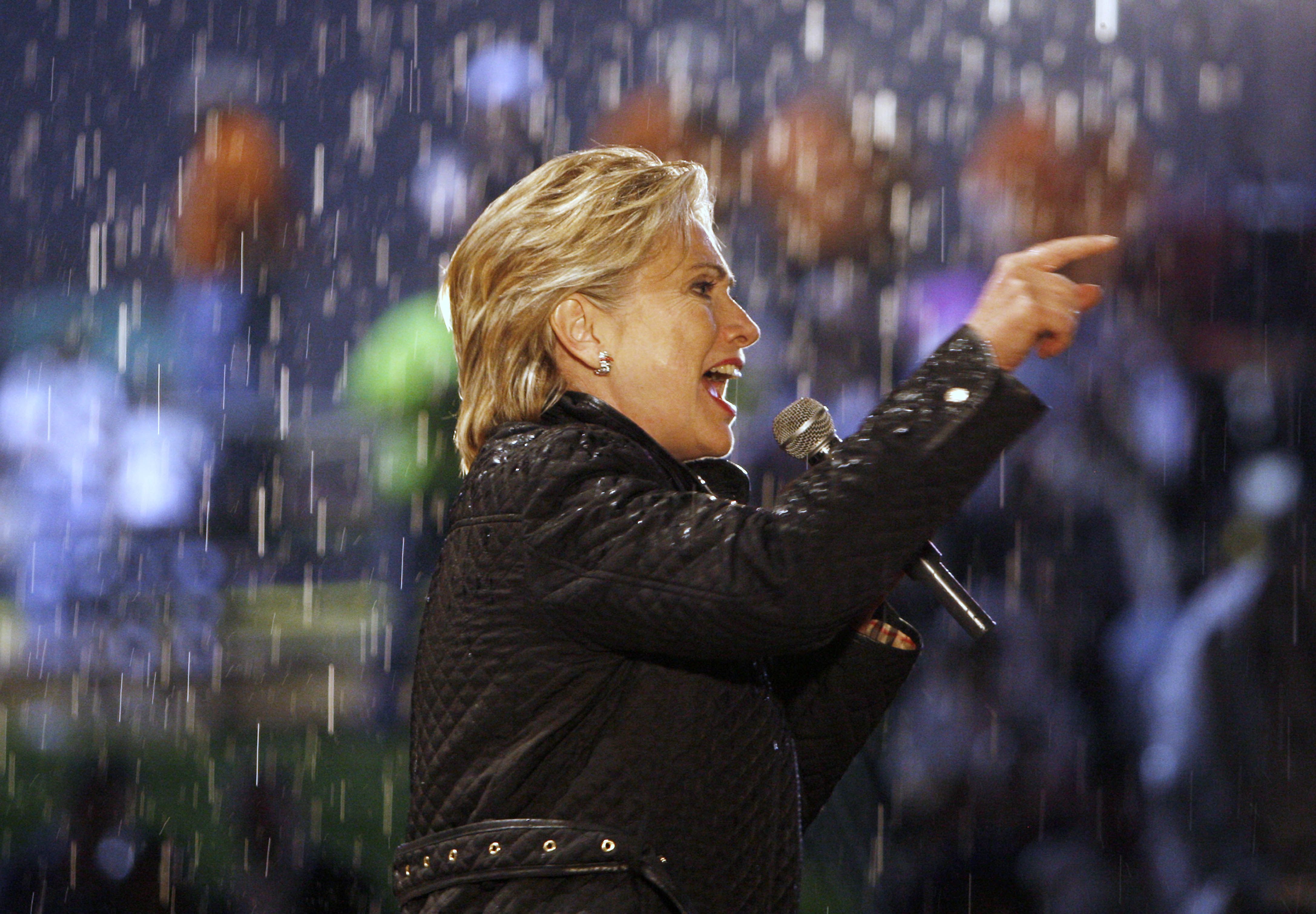 FILE - In this Saturday, April 19, 2008 file photo, then-Democratic presidential hopeful, Sen. Hillary Clinton, D-N.Y., speaks in the rain as she campaigns in McKeesport, Pa. (AP Photo/Charles Dharapak) (AP)