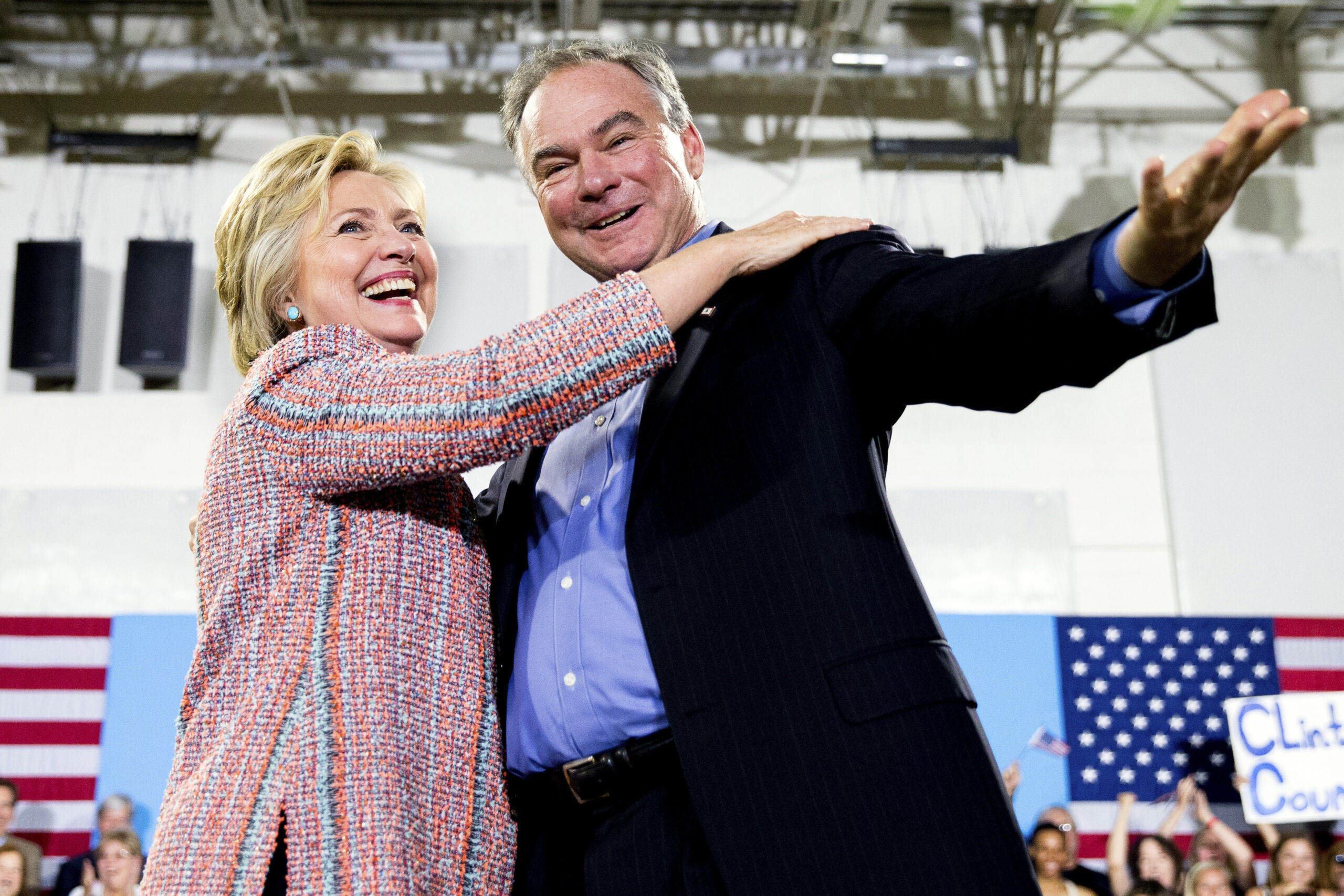 In this July 14, 2016, file photo, Democratic presidential candidate Hillary Clinton, accompanied by Sen. Tim Kaine, D-Va., speaks at a rally at Northern Virginia Community College in Annandale, Va. Clinton has chosen Kaine to be her running mate (AP Photo/Andrew Harnik) (AP)