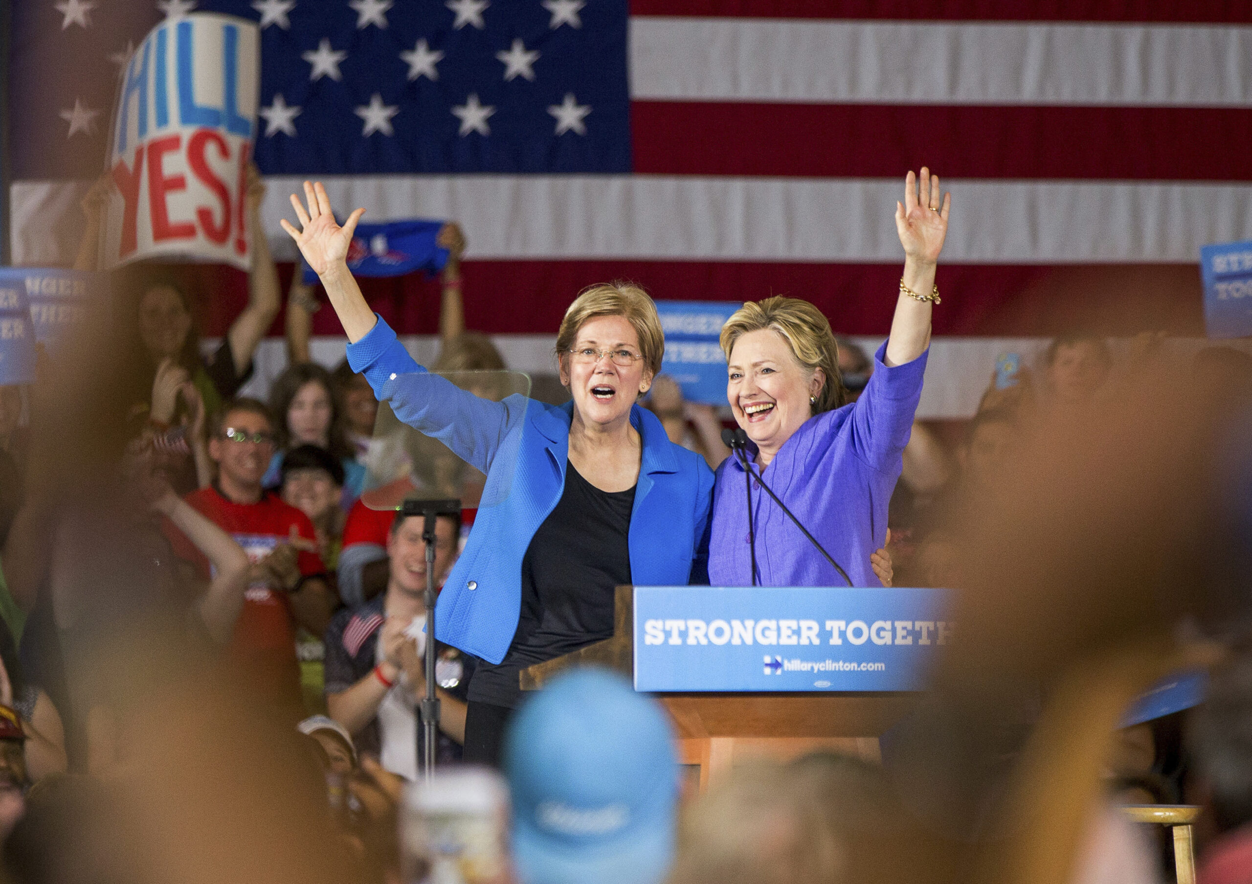 FILE - In this June 27, 2016, file photo, Democratic presidential candidate Hillary Clinton, is introduced by Sen. Elizabeth Warren, D-Mass., left, at a rally at the Cincinnati Museum Center at Union Terminal in Cincinnati. (AP)