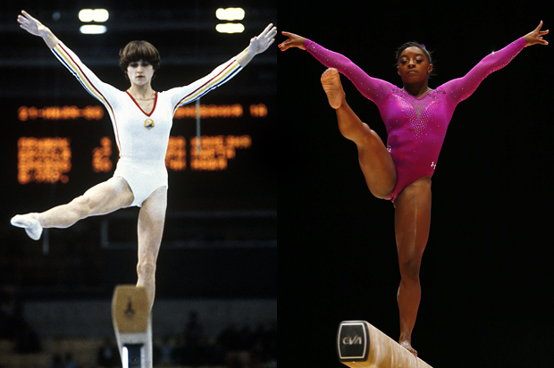 Nadia Comaneci, 1980; Simone Biles, 2015. (AP/Matthias Schrader/Photo montage by Salon)