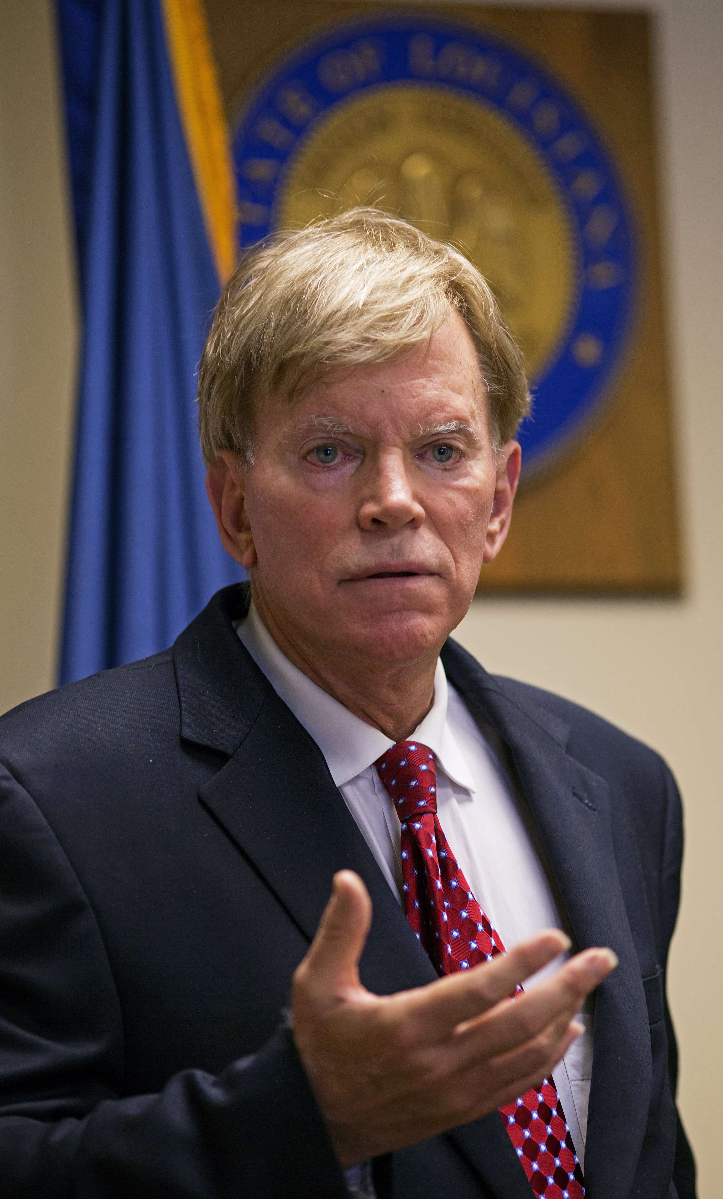 Former Ku Klux Klan leader David Duke talks to the media at the Louisiana Secretary of State's office in Baton Rouge, La., on Friday, March 22, 2016, after registering to run for the U.S. Senate, saying "the climate of this country has moved in my direction." Duke's candidacy comes one day after Donald Trump accepted the GOP nomination for president, and Duke said he's espoused principles for years that are similar to the themes Republicans are now supporting in Trump's campaign, on issues such as immigration and trade. (AP Photo/Max Becherer) (AP)