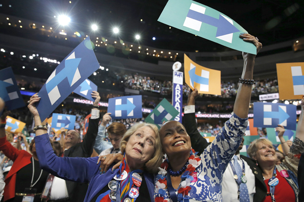 Delegates celebrate at the Democratic National Convention in Philadelphia, July 26, 2016. (Reuters/Jim Young)