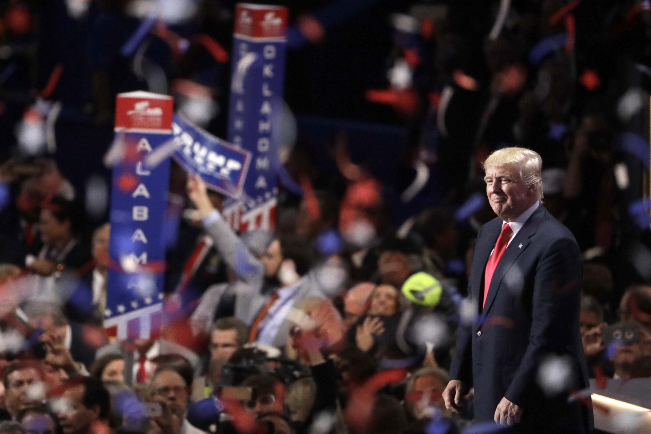 Confetti and balloons fall during celebrations after Republican presidential candidate Donald Trump's acceptance speech on the final day of the Republican National Convention in Cleveland, Thursday, July 21, 2016. (AP Photo/Matt Rourke) (AP)