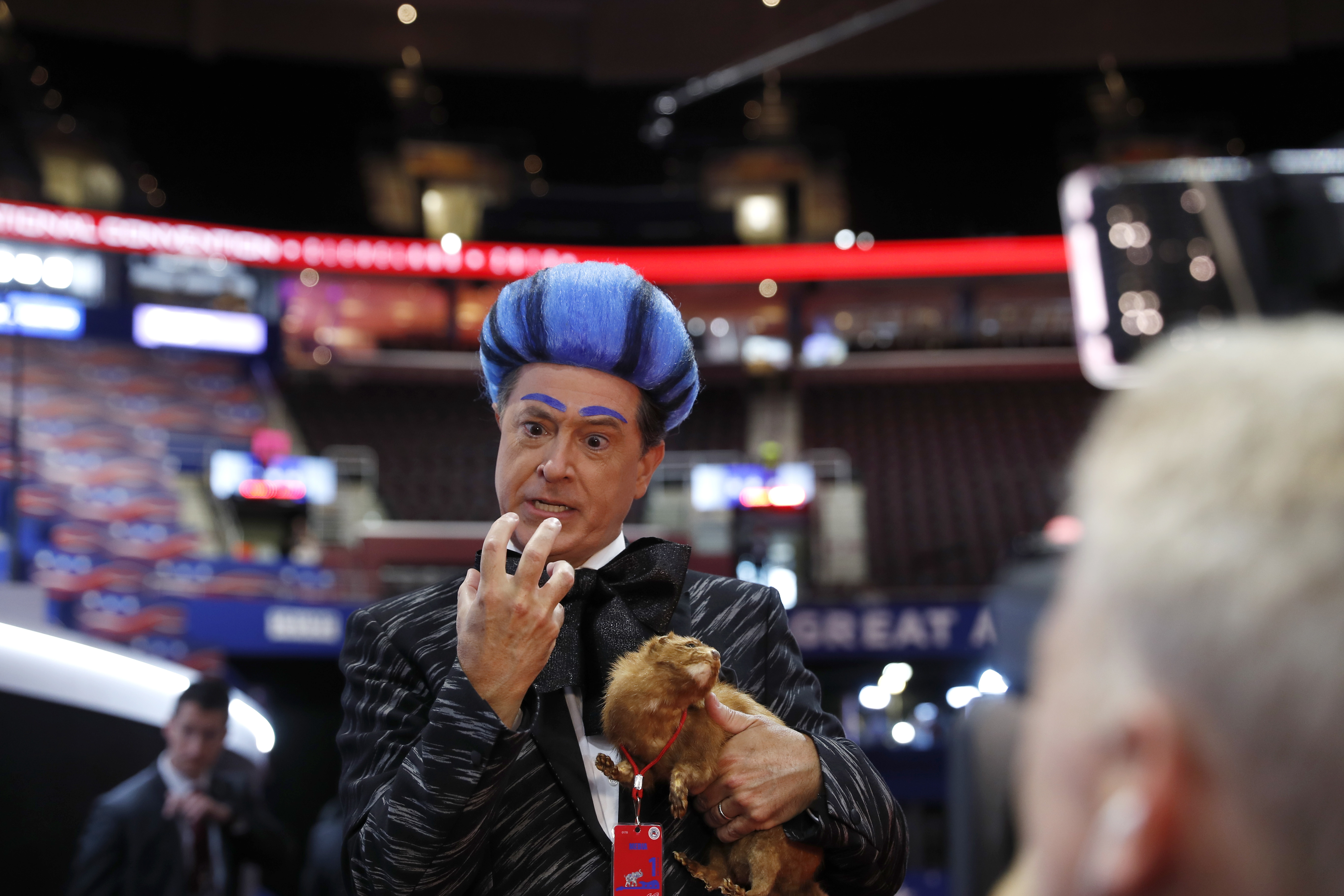 Talk show host Stephen Colbert performs on the floor of the Republican National Convention at Quicken Loans Arena during a taping of his program, Sunday, July 17, 2016, in Cleveland. (AP Photo/Carolyn Kaster) (AP)
