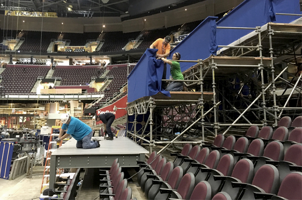 Workers prepare a camera platform inside Quicken Loans Arena in preparation for the Republican National Convention, June 28, 2016, in Cleveland. (AP/Mark Gillispie)
