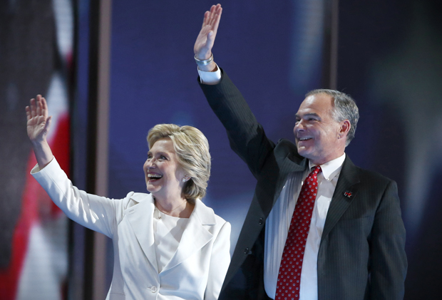 Hillary Clinton and Tim Kaine at the Democratic National Convention in Philadelphia, July 28, 2016. (Reuters/Lucy Nicholson)