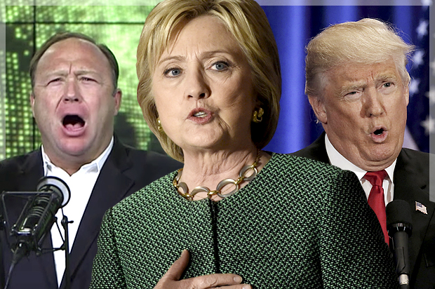 Alex Jones, Hillary Clinton, Donald Trump (AP/Reuters/Rainier Ehrhardt/Mike Segar/Salon)