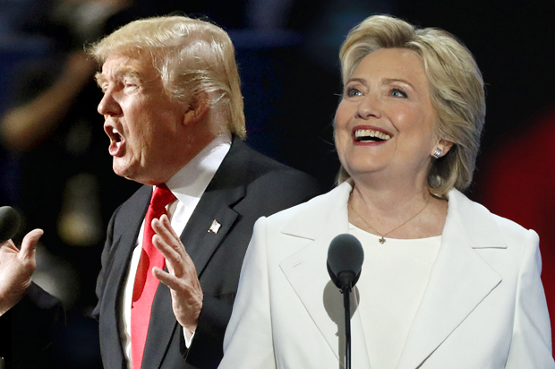 Donald Trump speaks at the Republican National Convention in Cleveland, July 21, 2016; Hillary Clinton speaks at the Democratic National Convention in Philadelphia, July 28, 2016. (Reuters/Jim Young/Mike Segar/Photo montage by Salon)