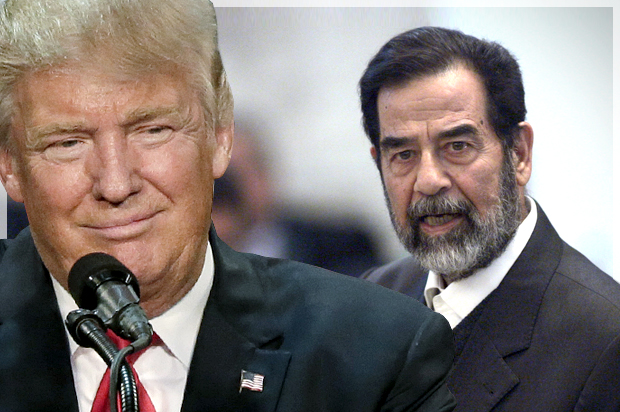Donald Trump; Saddam Hussein (AP/David Furst/Reuters/David Furst/Photo montage by Salon)