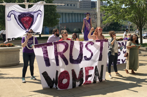Lady Parts Justice and NARAL protest an anti-choice luncheon at the RNC. (amanda marcotte)