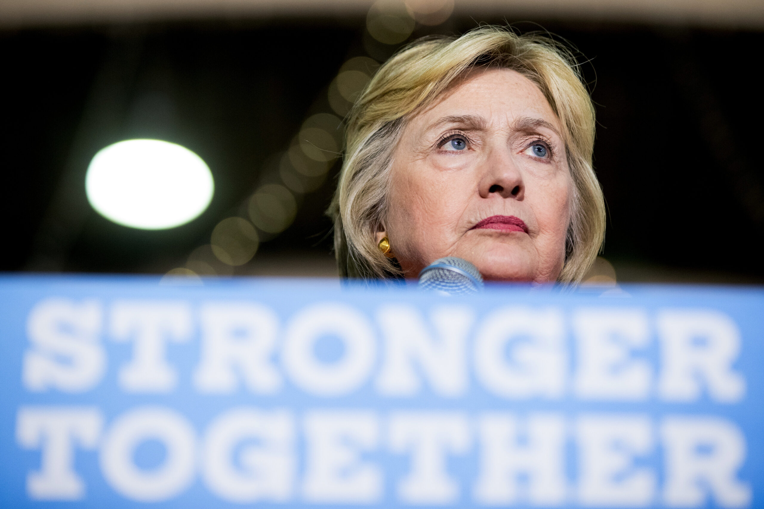 Democratic presidential candidate Hillary Clinton pauses while speaking at a rally at the Coliseum in St. Petersburg, Fla., Monday, Aug. 8, 2016. (AP Photo/Andrew Harnik) (AP)