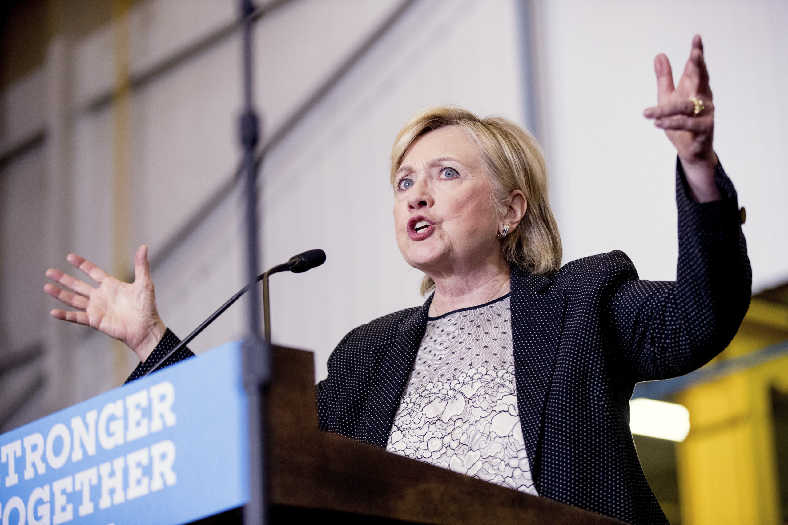 Democratic presidential candidate Hillary Clinton gives a speech on the economy after touring Futuramic Tool & Engineering, in Warren, Mich., Thursday, Aug. 11, 2016. (AP Photo/Andrew Harnik) (AP)