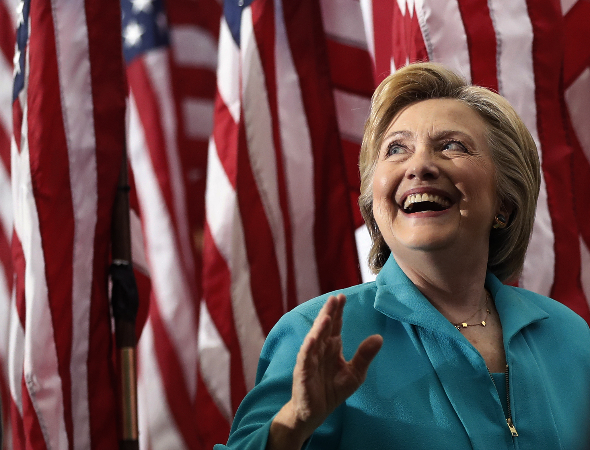 Democratic presidential candidate Hillary Clinton looks up to audience members as she leaves a campaign event at Truckee Meadows Community College in Reno, Nev., Thursday, Aug. 25, 2016. (AP Photo/Carolyn Kaster) (AP)